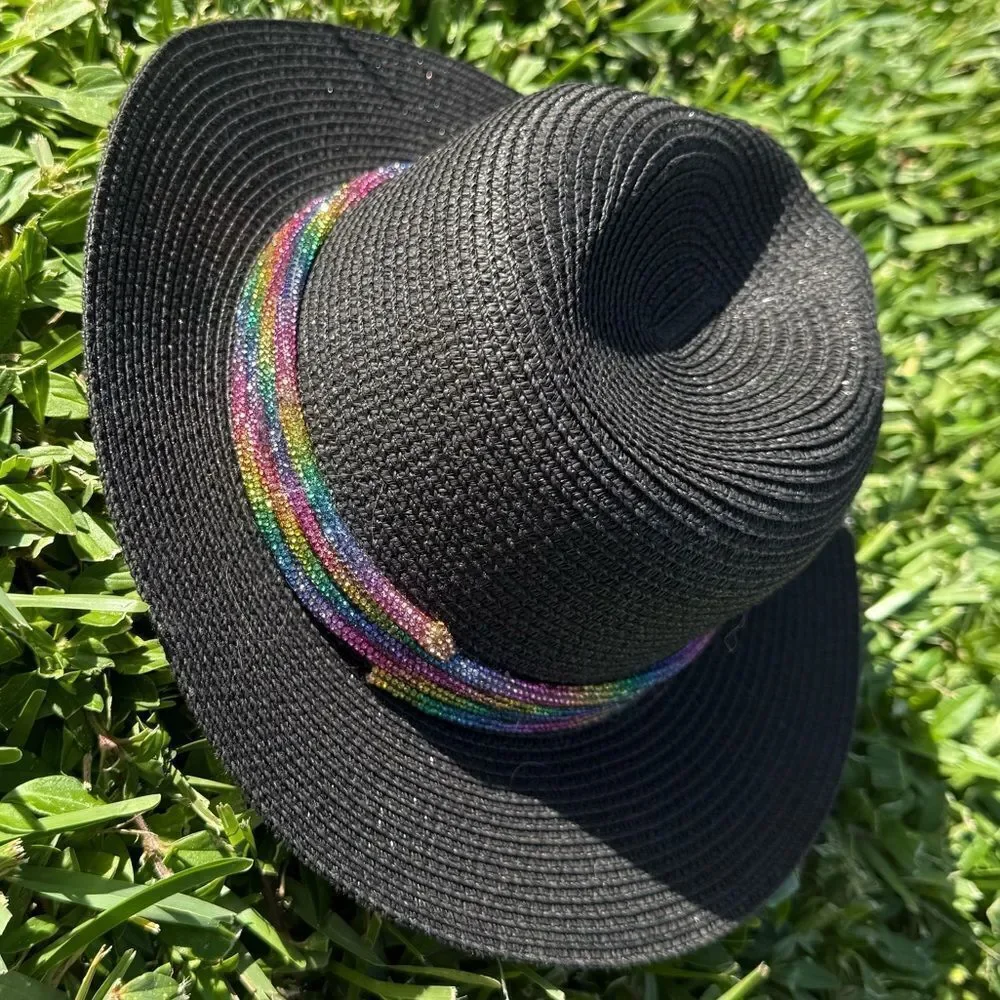 Black Hat with Rainbow Band Rhinestones Trim - Brand NEW - Adjustable